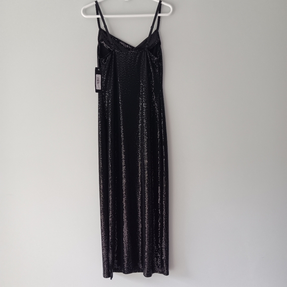 NEW Bebe Shiny Metallic Maxi Dress Spaghetti Strap Draped Neck Side Slit Medium - Picture 2 of 15